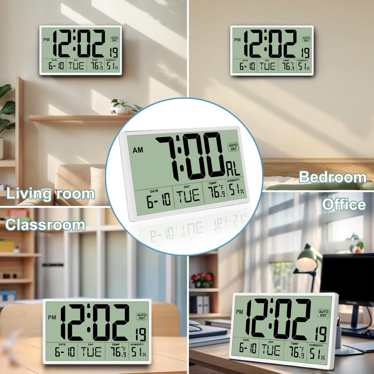 9‘’ Narrow Bezels Battery Operated Digital Wall Clock with Temperature and Humidity - Auto DST, Large 2⅝'' Digits, 5-Level Volume Alarm (3 AA Included) - Wall Mount/Desktop for Office Bedroom Kitchen