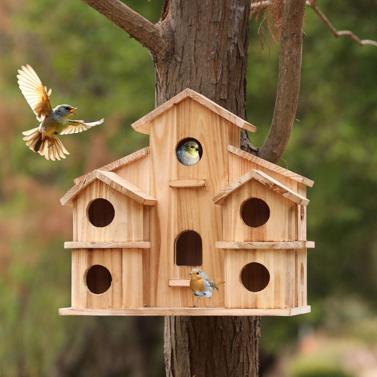 Bird Houses for Outside, Wooden 10 Hole Bird House for Multiple Birds, Hanging Birdhouse Nesting Box for Wren Finch Chickadee, Decorative Garden Bird Hotel