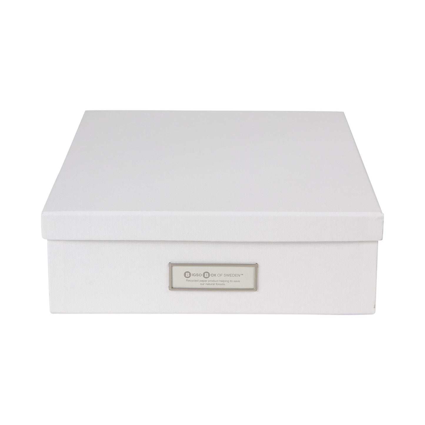 Bigso Oskar Fiberboard Label Frame Document Letter Box - File Organizer Box for Important Paperwork - Durable Document Storage with a Lid & Metal Label Window - 3.3 in x 10.2 in x 13.8 in - White