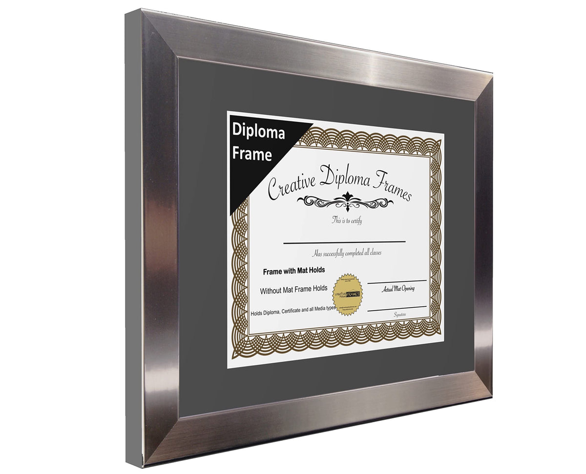 Creative Picture Frames 11” x 14” Stainless Steel Finish Diploma Frame with Black Mat to Hold 8.5 by 11-inch Graduation Documents w/Stand and Wall Hanger