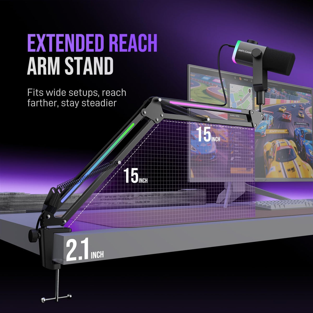 FIFINE Microphone Boom Arm, Metal Adjustable Mic Arm Stand with RGB Control, 3/8” to 5/8” Screw Adapter, Desk Mount Clamp, Suspension Scissor Mic Stand for Gaming Streaming Podcast-AmpliGame BM38