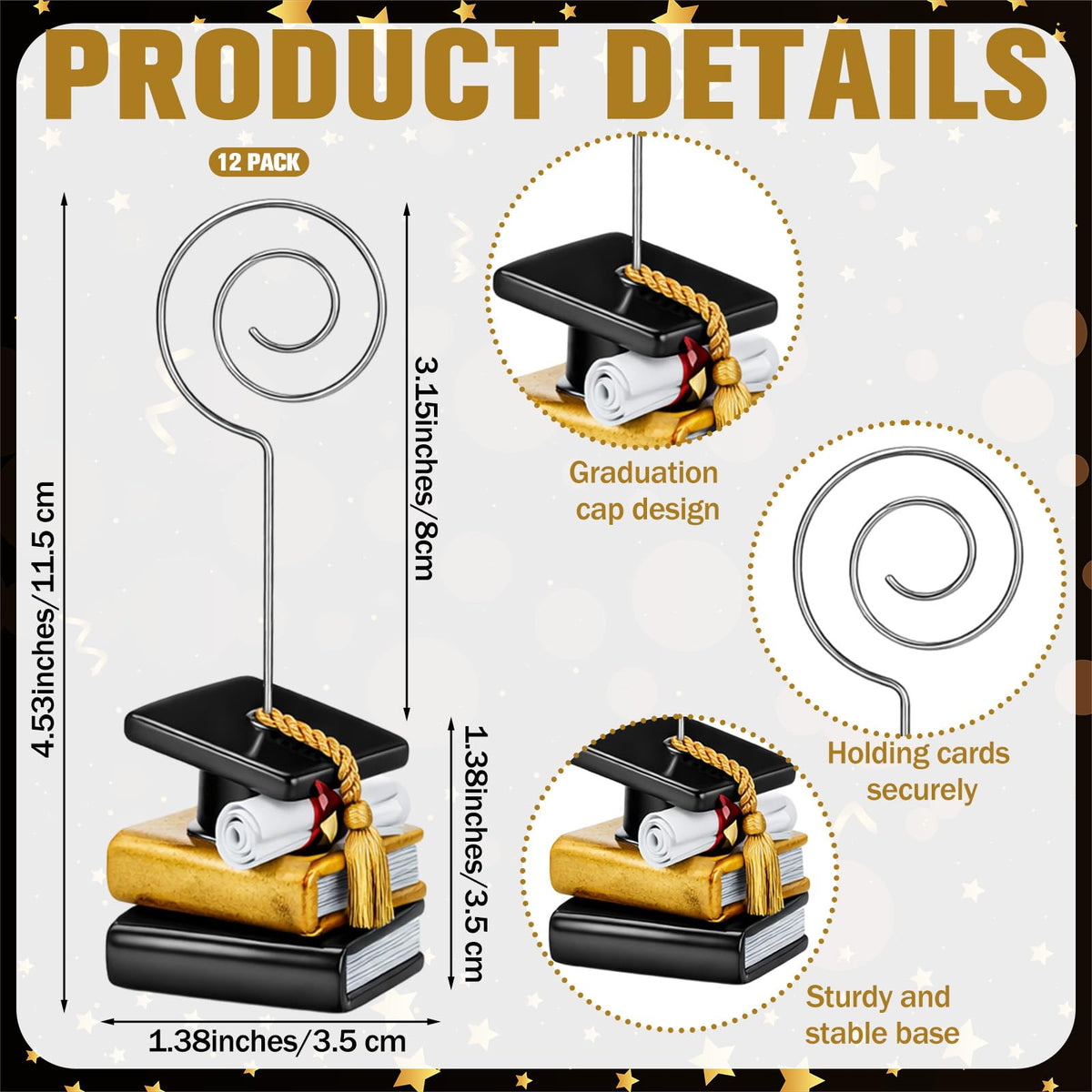 Glenmal 12 Pcs Grad Cap Picture Holders 4.53 Inches Resin Metal Graduation Picture Holders for Tables Centerpieces Grad Cap Photo Table Number Card Stands for Class of 2026 Graduation Party Supplies