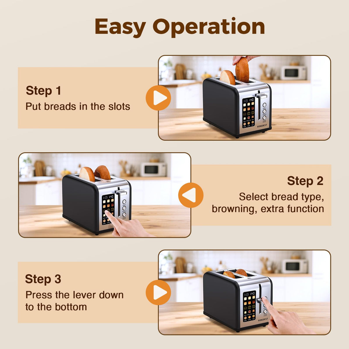 2 Slice Touch Screen Toaster Stainless Steel with Wide Slots, Even Toasting for Bagels & Bread, Defrost & Reheat, Easy Removable Crumb Tray, Matt Black