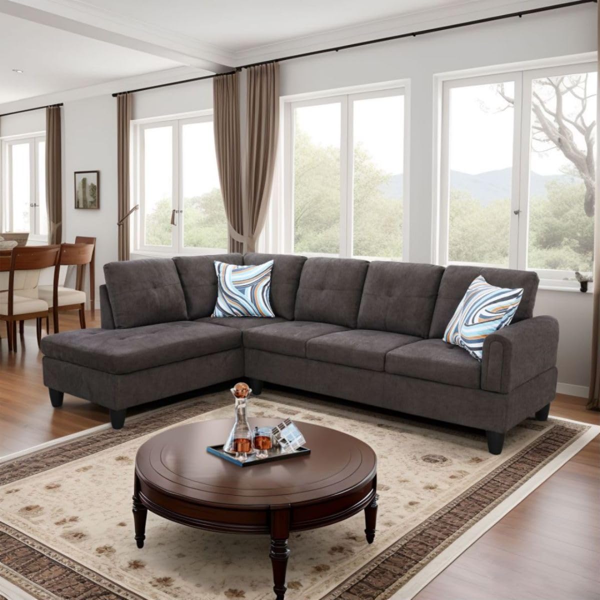 UOCFYK Dark Brown L-Shaped 3-Piece Flannel Sofa with Storage Ottoman Set, Sectional Couch Sofa Set for Living Room, Office, Small Space