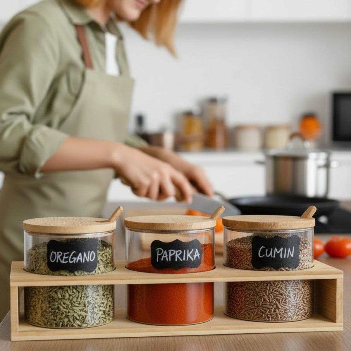 Yiyiring Set of 3 Spice Container Condiment Jar with Bamboo Lids and Spoons Clear Glass Spice Jar Kitchen Storage Container for Salt Sugar Tea Coffee Saving Seasoning Canister Organizer for Counter