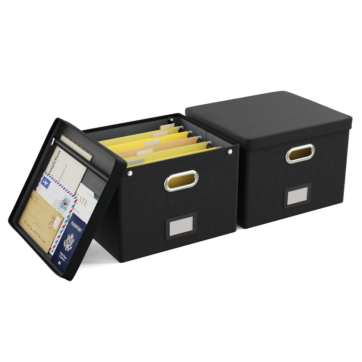 2 Pack File Organizer Box with Lid, Large Hanging Filing Box with Mesh Pocket, Document Organizer for Letter Files, Portable Storage Case for Office&Home (Black)