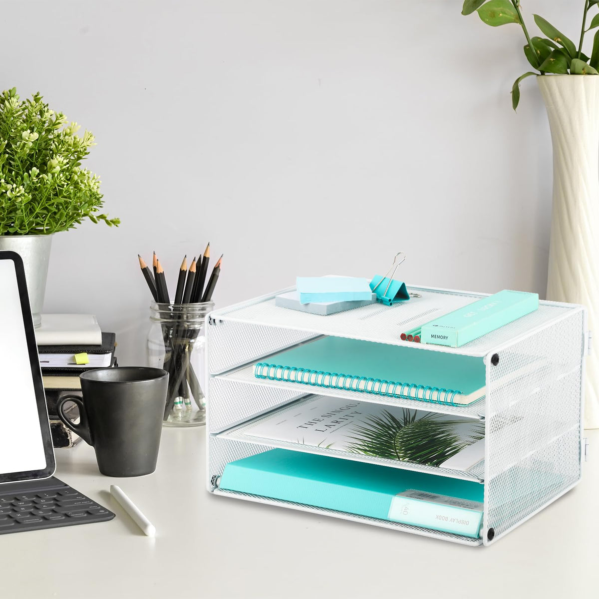 EASEPRES 3 Tier Mesh Desk Organizer Tray, Desktop Mail File Paper Letter Folder Holder Sorter Organization Rack Storage Accessories for Office Home School Classroom, White