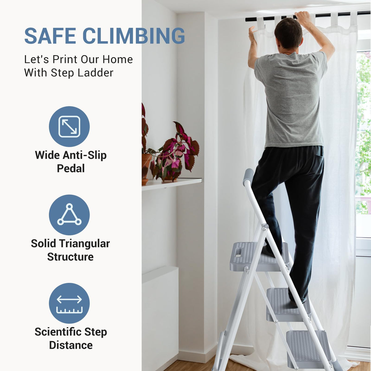 DUMOS Step Ladder, 3 Sturdy Step Stool with Anti-Slip Pedal & Comfortable Handrail, Portable Heavy Duty Step Stool for Kitchen, Garage & Outdoor Use, 800lbs, Grey