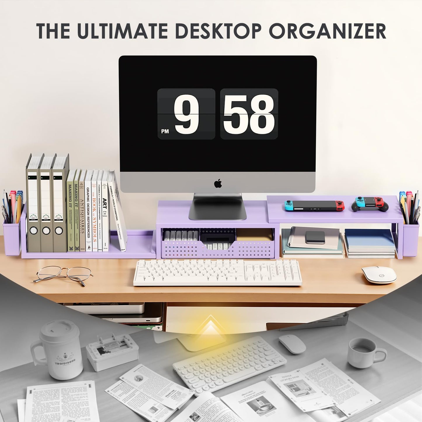 OPNICE Desk Organizers and Accessories, Dual Computer Monitor Stand Riser with Drawer and 2 Pen Holders, Office Desk Accessories, Workspace Desktop Organization for Office Supplies (Purple Metal )