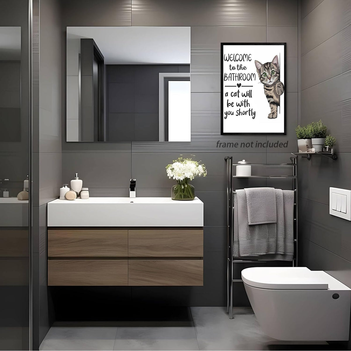 HNNXAR Funny Cat Bathroom Wall Art,Welcome To The Bathroom A Cat Will Be With You Shortly Paintings Posters,Black and White Funny Animal Canvas Pictures Prints Wall Decor 16x24in Unframed