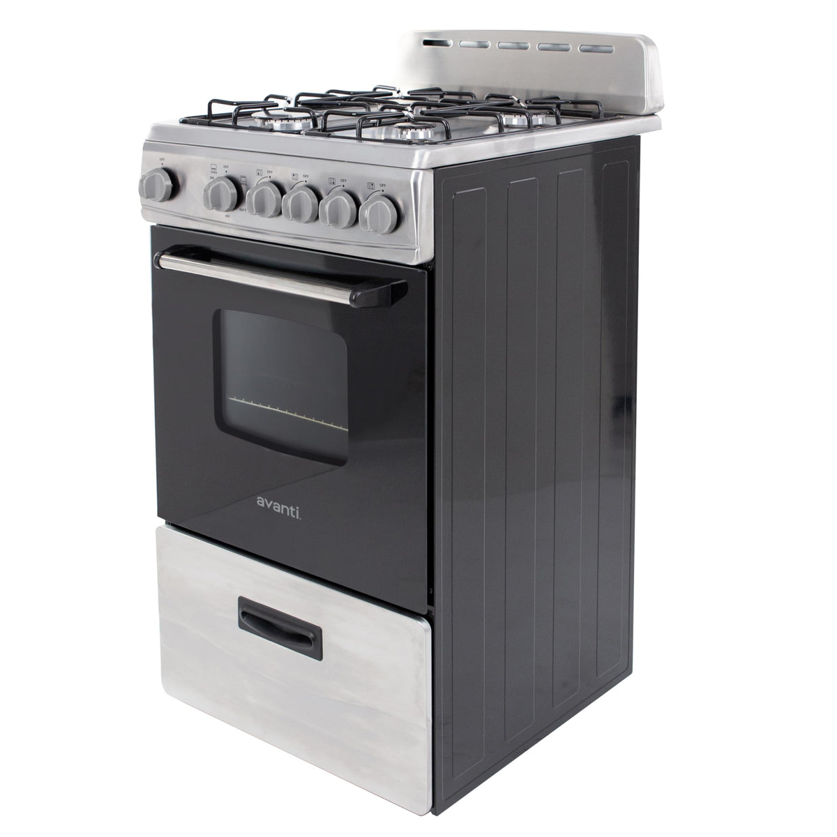 Avanti Gas Range Oven, Compact Freestanding Design, 4 Sealed Burners with Electronic Ignition, 2.1 Cu.Ft. Capacity Features Storage Drawer Broiler and Accessories, 20-Inch, Black