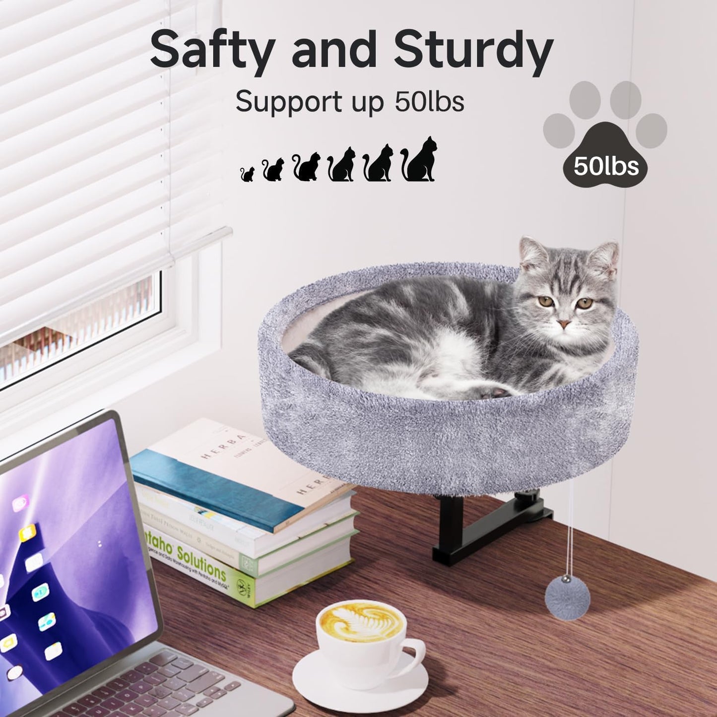 Chumajor Cat Desk Bed - 360° Rotating & Adjustable, Supports 50 lbs, Soft Faux Fur with Dual-Sided Reversible Mat, Modern Indoor Cat Nest Furniture for Office Desks and Game Tables, Island Table