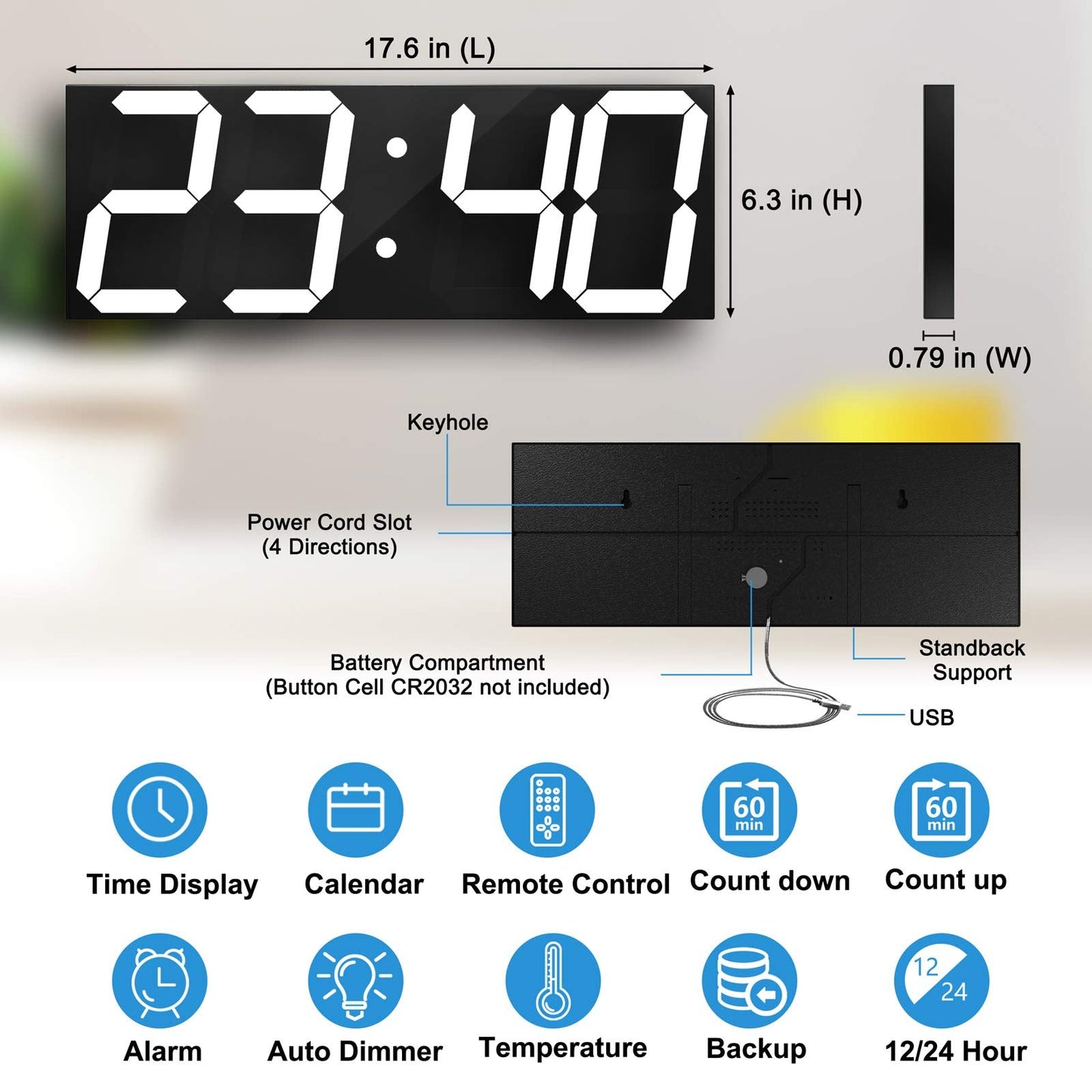 CHKOSDA LED Large Digital Wall Clock, Oversize Wall Clock with 6” Numbers, Remote Control Count up/Countdown Timer Clock, Auto Dimmer, Big Calendar and Thermometer(White)
