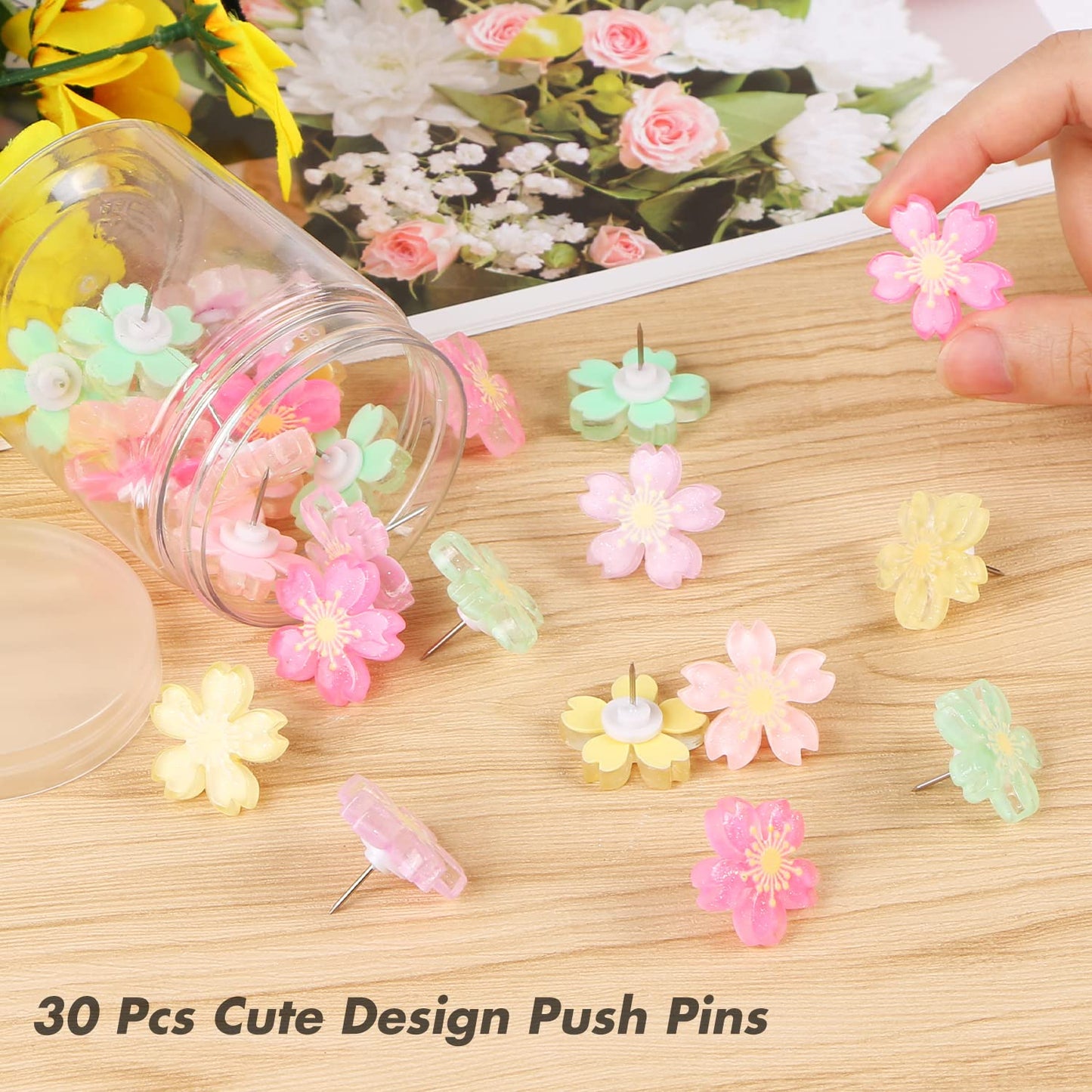 MIKIMIQI 30 Pcs Flowers Push Pins, Resin Cherry Blossom Push Pins Decorative Floral Thumb Tacks Cork Board Thumbtacks for Bulletin Board Photos Wall Pins Office Supplies