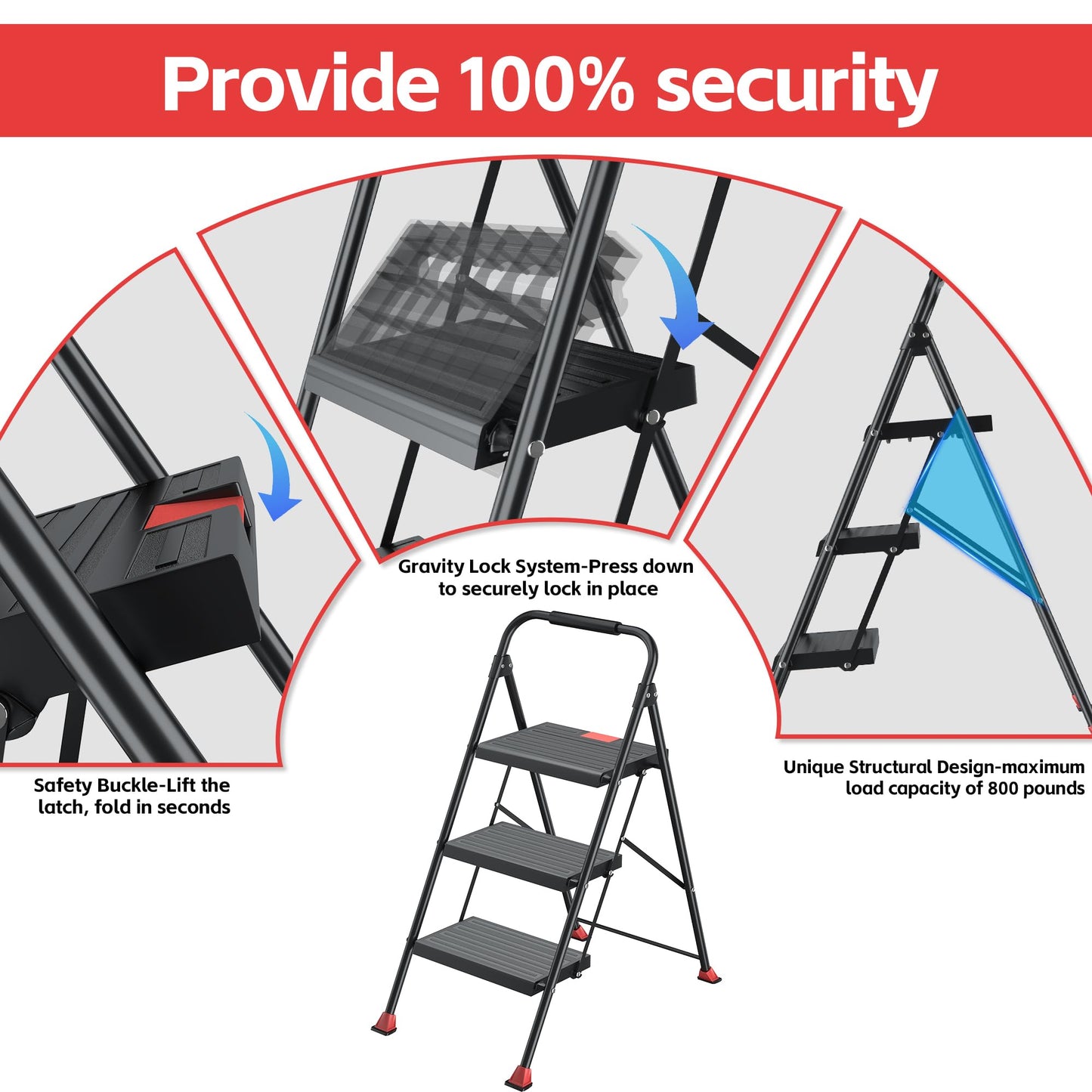 Foldable Step Ladder Folding Stool - 800Lbs Heavy Duty with Handrails for Home Adults Kitchen 3 Stepping Extension Tall - Indoor House Closet Stepstool Stair Ladders Extendable Stepladder