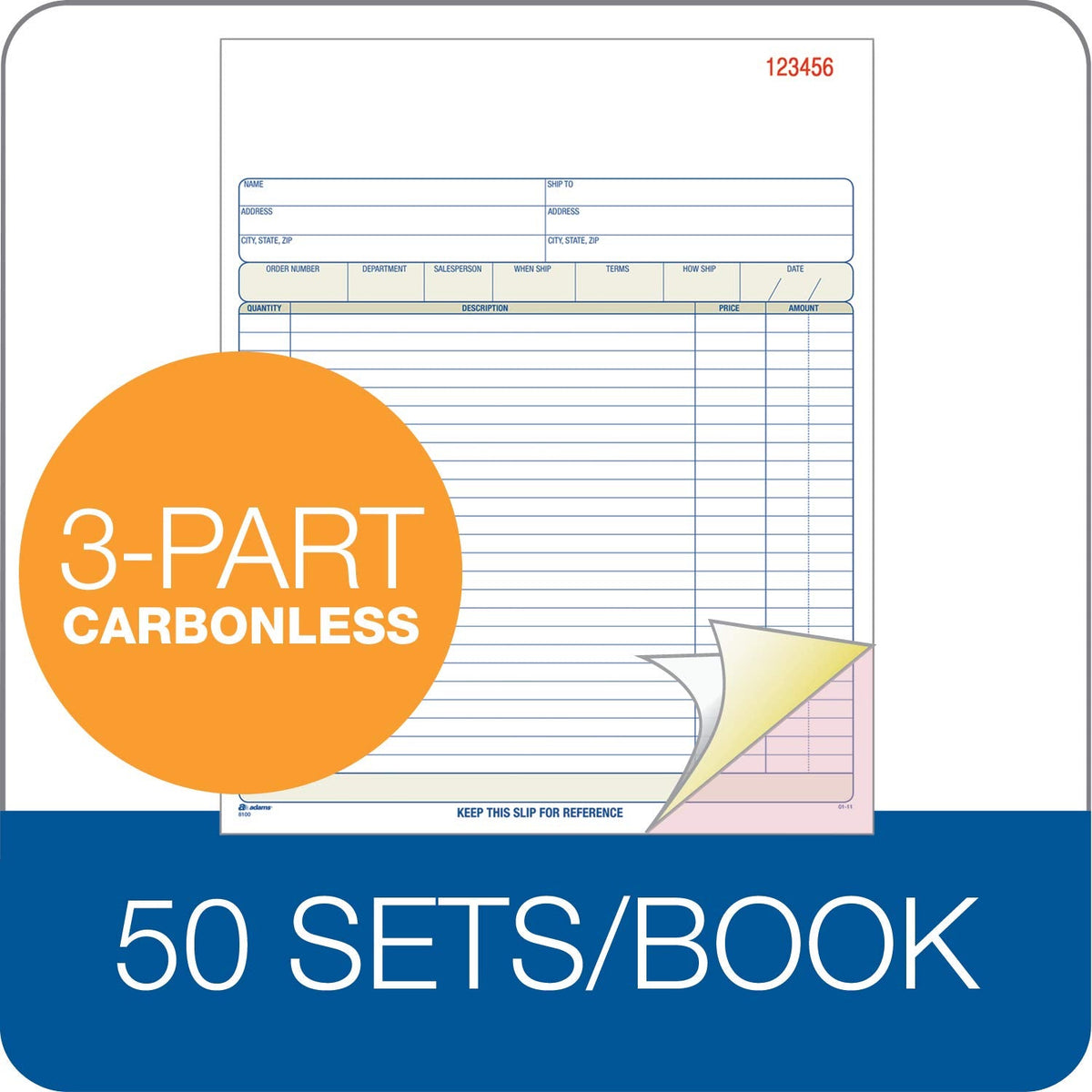 Adams Order Book, Carbonless, White/Canary/Pink, 3-Part, 8-3/8 x 10-11/16 Inches, 50 Sets (TC8100)