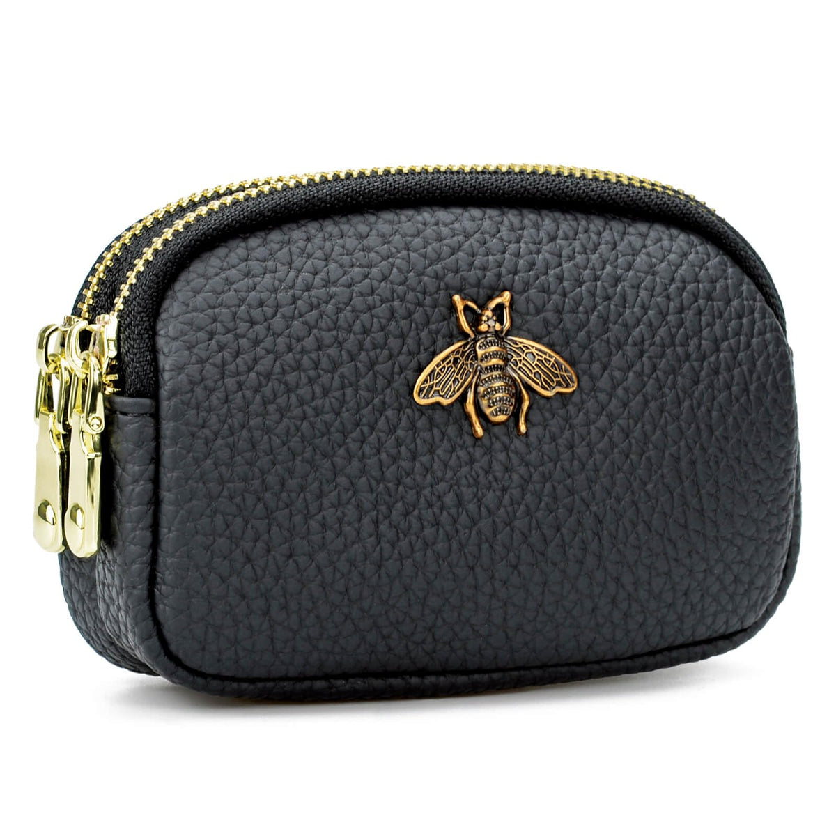 WOZEAH Leather Coin Purse for Women Small 2 Zipper Change Wallet with Key Ring Card Key Coin Cash Holder Pouch(Black)