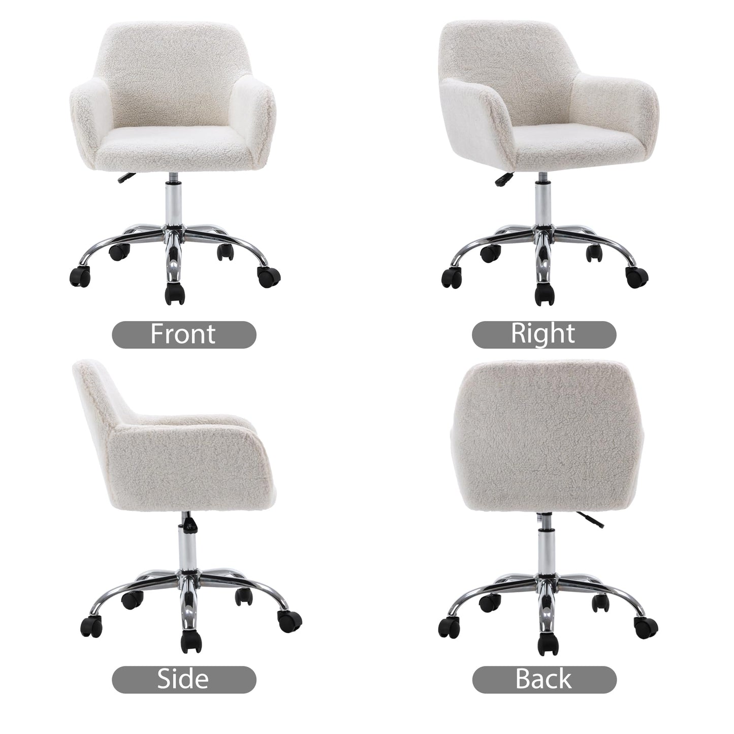 KCC Faux Fur Vanity Makeup Desk Chair, Comfy Fluffy Swivel Modern Leisure Armchair with Wheels, Upholstered Fuzzy Height Adjustable for Teens Women Girls Elegant Home Office