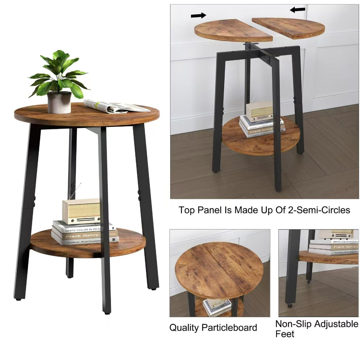 sthmec Side Table, Small Round End Table with Storage Shelf for Small Space, 2-Tier Bedside Table Sofa Couch Table, Round Accent Table Nighstands for Living Room, Bedroom, Rustic Brown