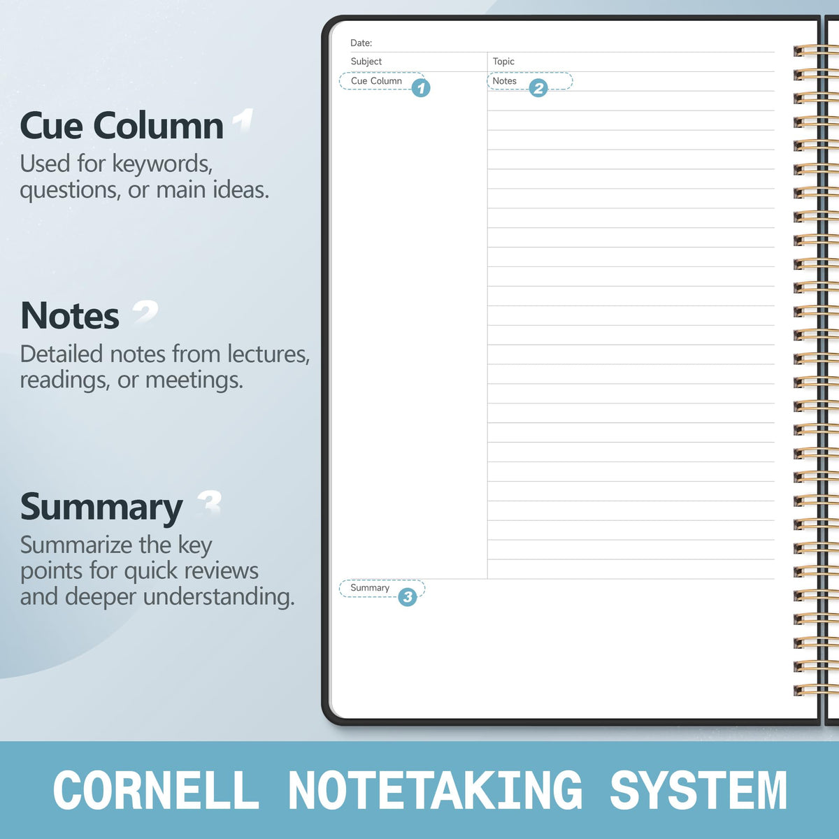 Hardcover Cornell Notes Notebook for Note Taking Supplies, B5 Spiral Aesthetic Study Subject Notebooks for School Work College Ruled Meeting Notes Book Studying Essentials, 7.2” x 10”, Black
