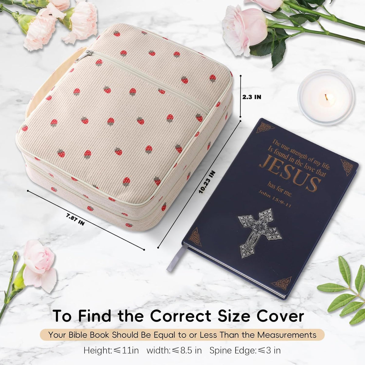 WOBAGMEN Bible Cover Case for Women,Large Bible Tote Bags Organizer Corduroy Carrying Case for Girls,Bible Study Supplies Accessories Christian Gifts for Women(Strawberry M)