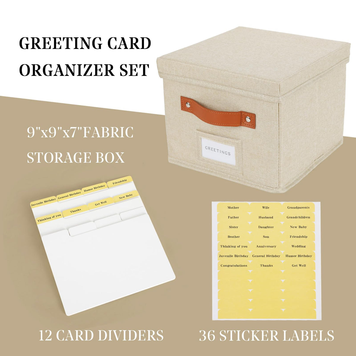 TARSUKA Greeting Card Organizer with dividers - Storage Box with lid Holds 150+ Cards - Assortment Box for Greeting Cards,Recipes, Photos, Envelopes, Keepsake - 9 x 9 x 7 Inches (Beige, 1 pcs)