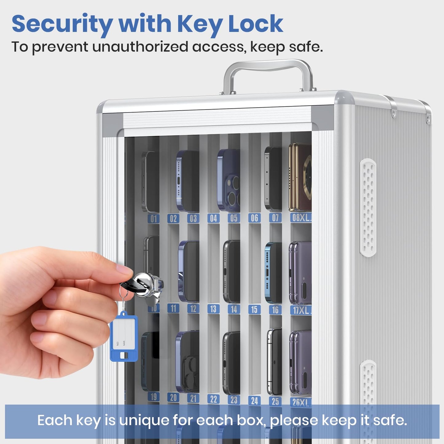 Lockbako 36 Slots Cell Phone Locker for Classroom, Portable Mobile Phone Storage Box with 【2 Different Size Slots】, Phone Lock Box Wall Mounted (Silver)