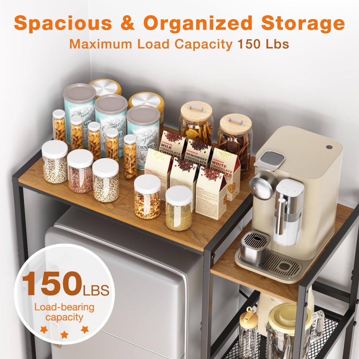 Mini Fridge Stand with Storage Shelves, Upgraded 3-Tier Mini Fridge Cabinet Stand Baker Rack for Microwave Coffee Maker Heavy Duty Metal Wood Desk For Dorm,Kitchen, Apartment, 33.4Wx15.7Dx37.2H, Brown