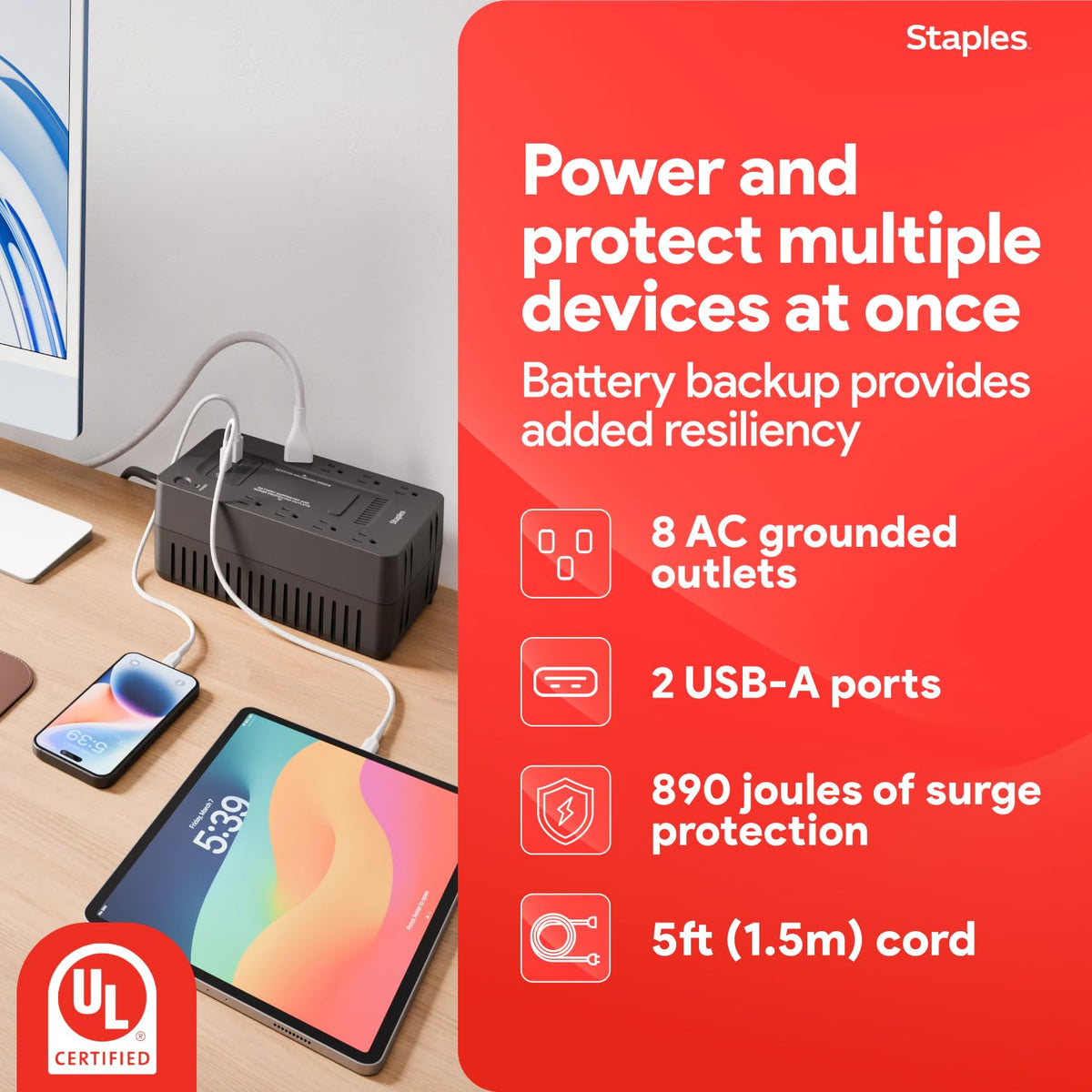 Staples TECH 650VA UPS Battery Backup with 8 Outlets – Standby Power Supply & Surge Protection for Computers, Routers & Home Office Electronics, Black
