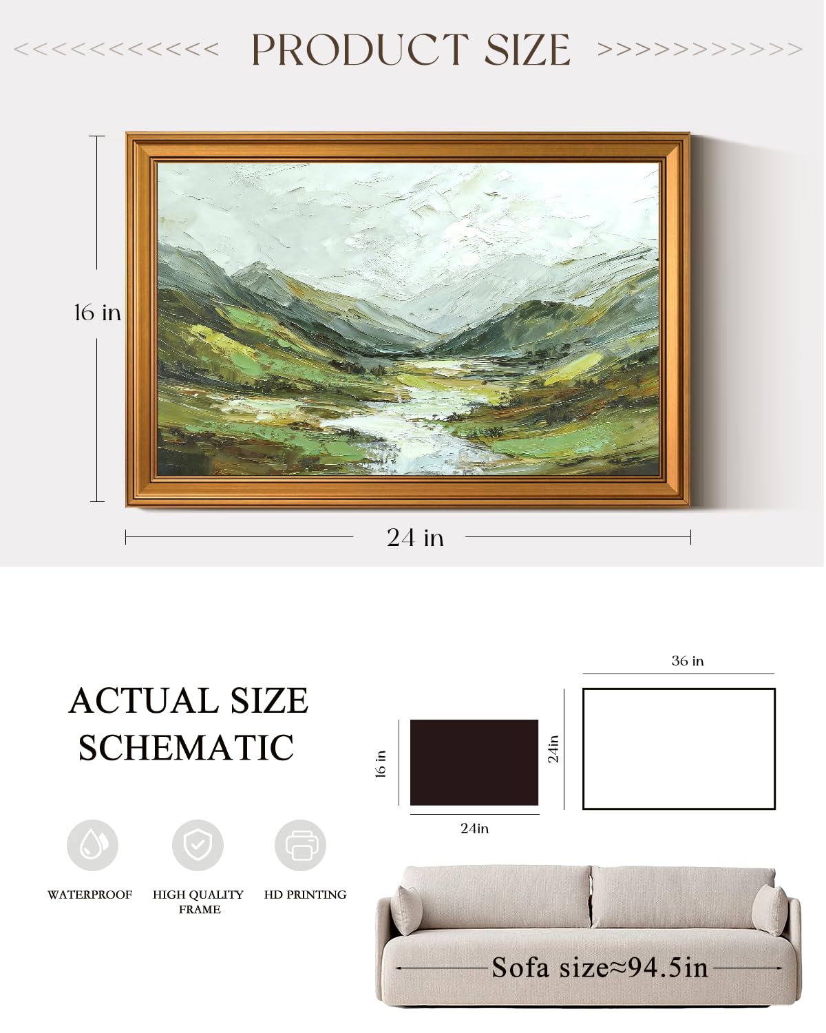 ARPEOTCY Gold Framed Large Canvas Prints Wall Art,3D Textured Landscape,16x24 Inch Green Mountain Artwork for Living Room,Classic Nature Oil Painting Print,Rustic Country Style Home Decor