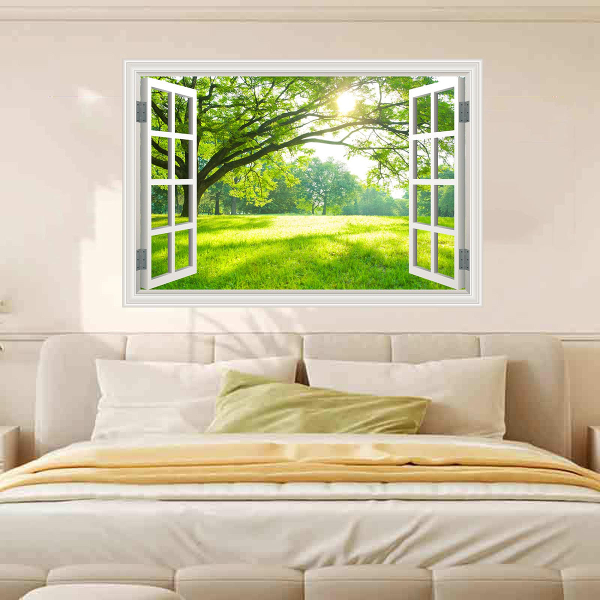 Natural Scenery Spring Green Forest Tree Scene Wall Art Poster Fake Window Wall Mural Faux Window Wall Sticker for Office Home Room Decor, Peel and Stick Wall Decals 48" x 66" Set of 4 Sheets