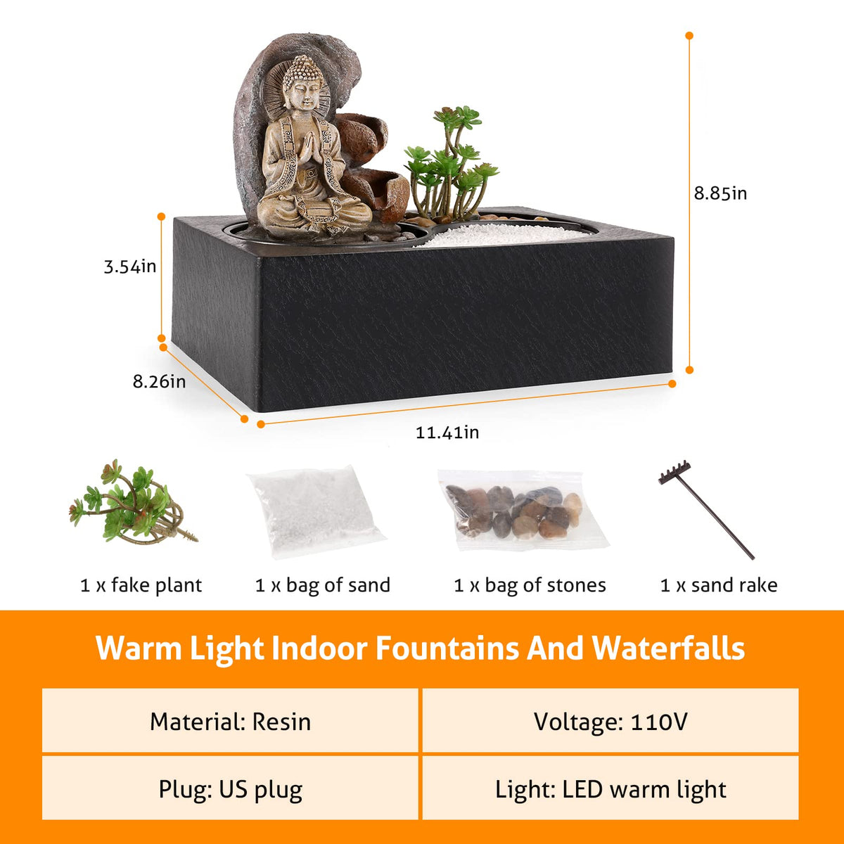WICHEMI Waterfall Fountains Indoor Water Fountain Tabletop Fountain Zen Garden Buddha Fountain with LED Warm Light for Office Home and Bedroom Desktop Decor