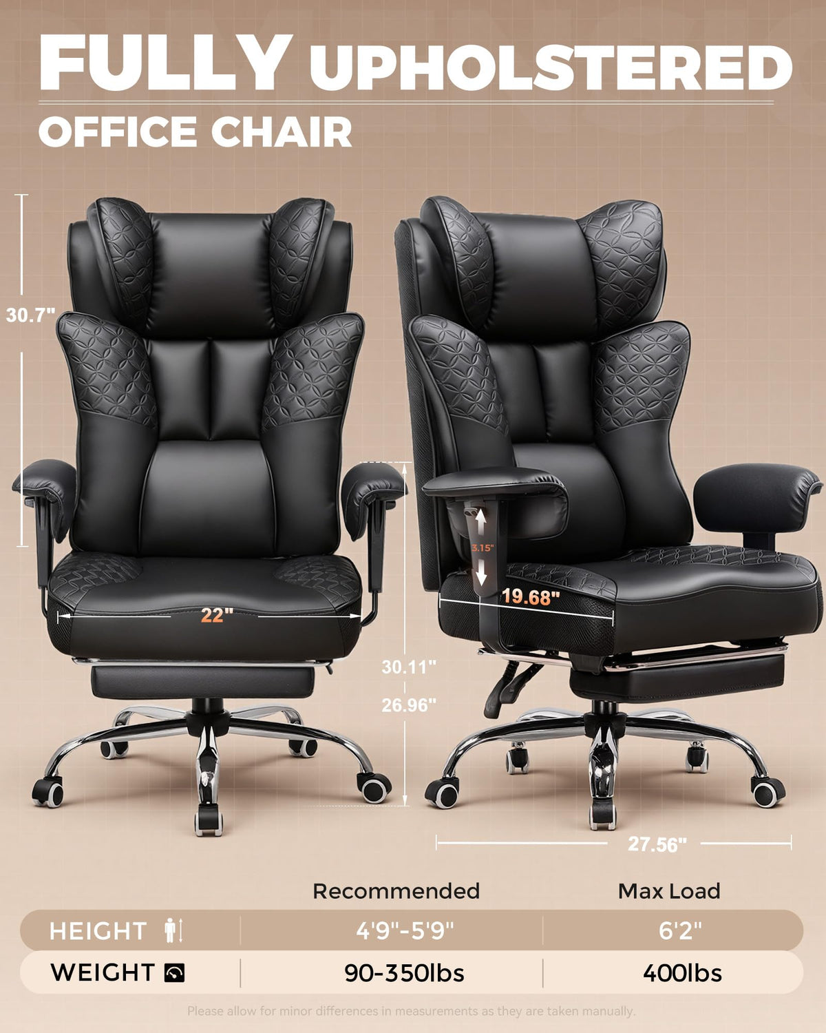 GTPLAYER Big and Tall Office Chair Wide Ergonomic Gaming Chair with Deluxe Embossing Designed Leather with Foot Rest,150°Reclining Adjustable Soft Armrests Pocket Spring Back Support and Pillow