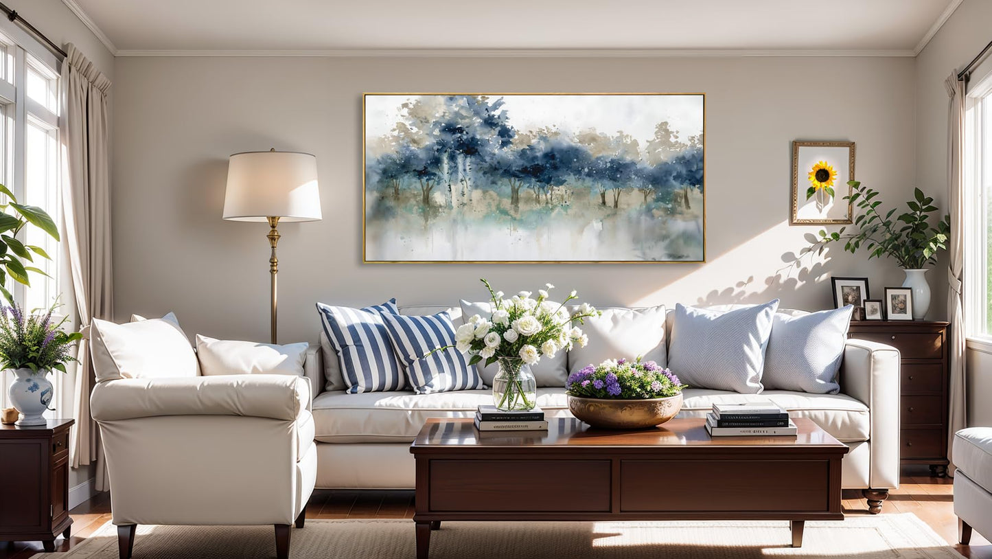 Wall Art Landscape Modern Wall Decor Canvas Painting Blue Ink Wall Art Large Artwork for Living Room Bedroom Office Home Decor 20"x40" with Framed