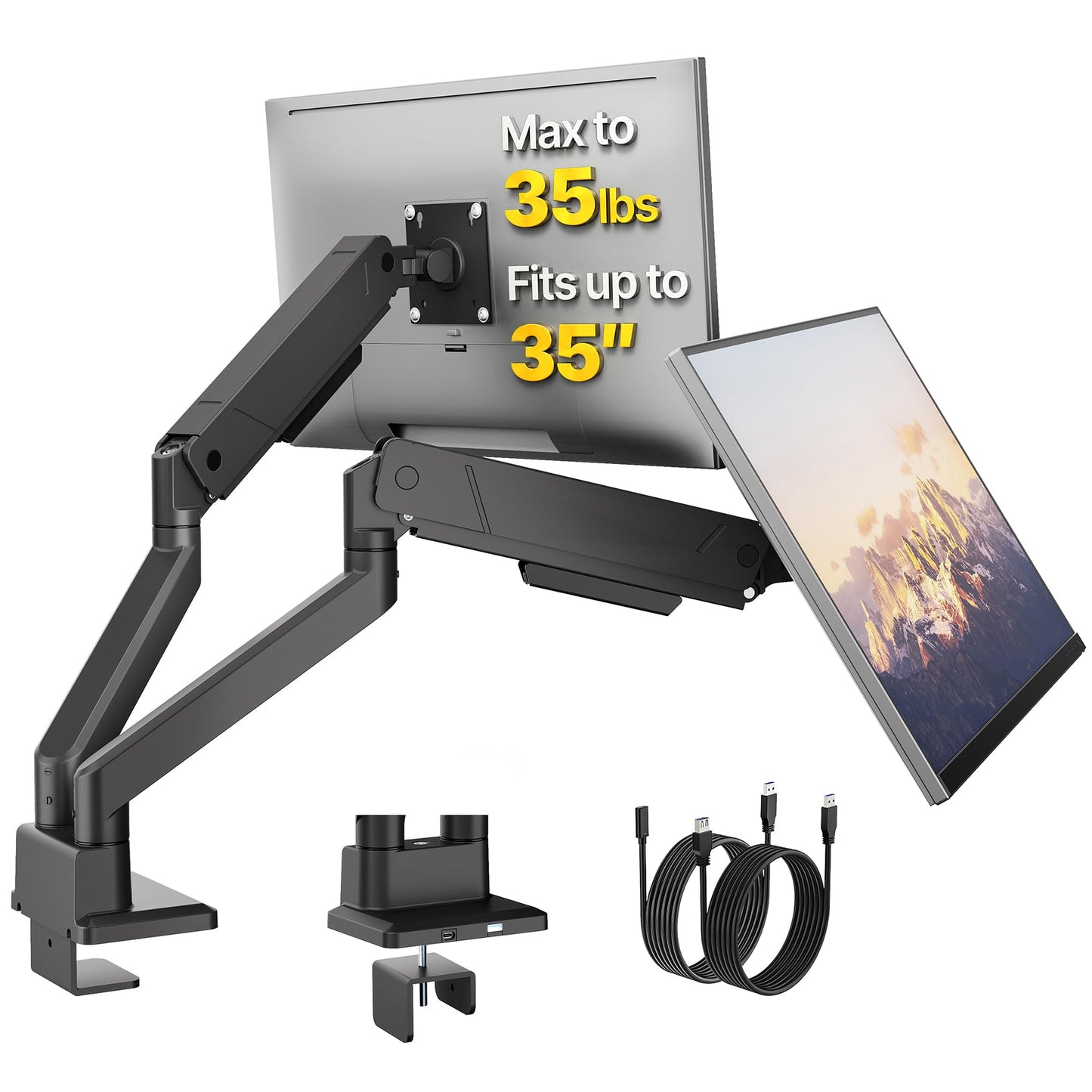 monTEK Dual Monitor Mount with USB Monitor Arms for 2 Monitors for 17 to 35 Inch Curved Screen Holds 35 Lbs Adjustable Heavy Duty Monitor Desk Mount Cable Management, VESA 75/100mm