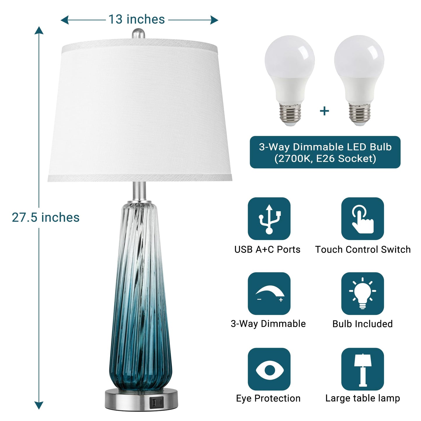 Table Lamps Set of 2 with Touch Control, Modern Glass Bedside Lamps with USB A+C Ports, 3-Way Dimmable Nightstand Lamp with White Fabric Shade, 27.5" Large Lamps for Living Room Bedrooms Decorations