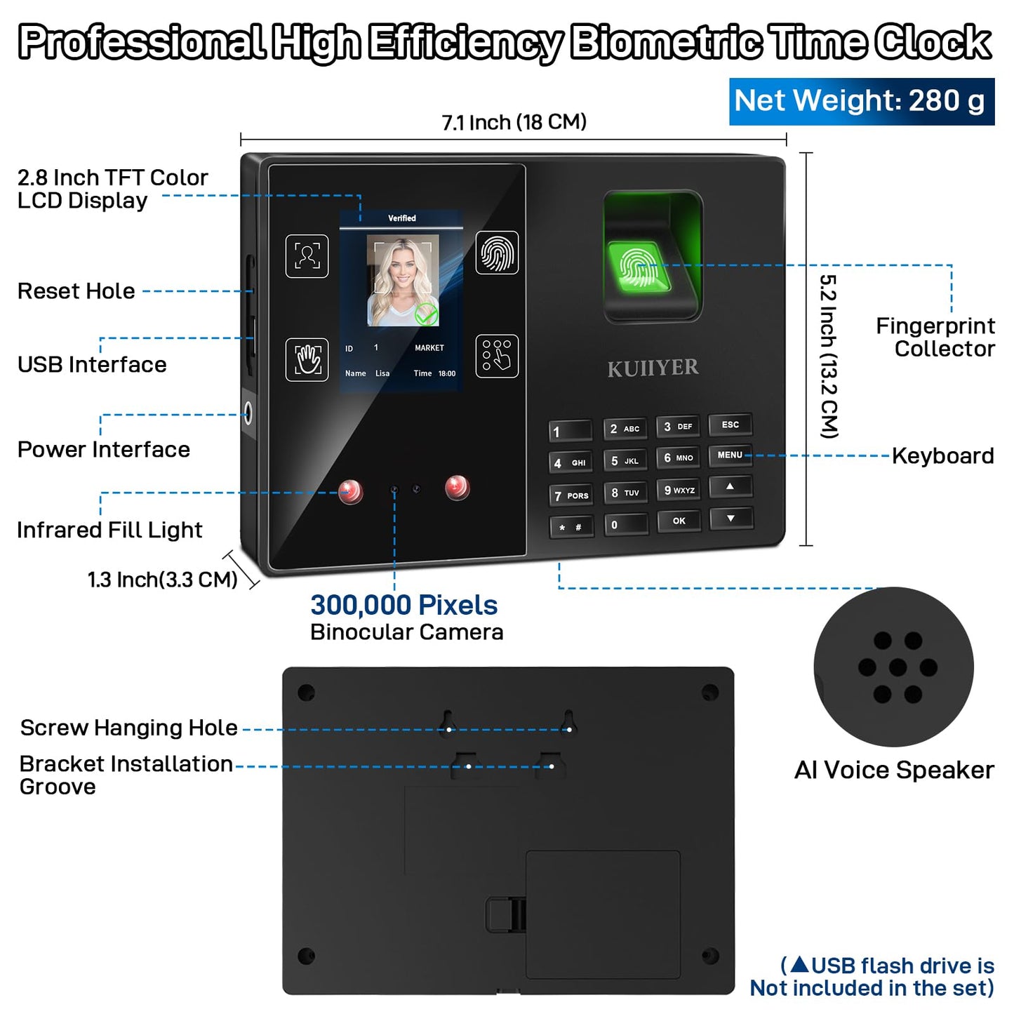 KUIIYER 4 in 1 Employees Time Clocks for Small Business (Face + Fingerprint + Palm Print + PIN) Employee Clock in & Out Machine Biometric Attendance Punch Clock Recorder Tracker (No Monthly Fee)