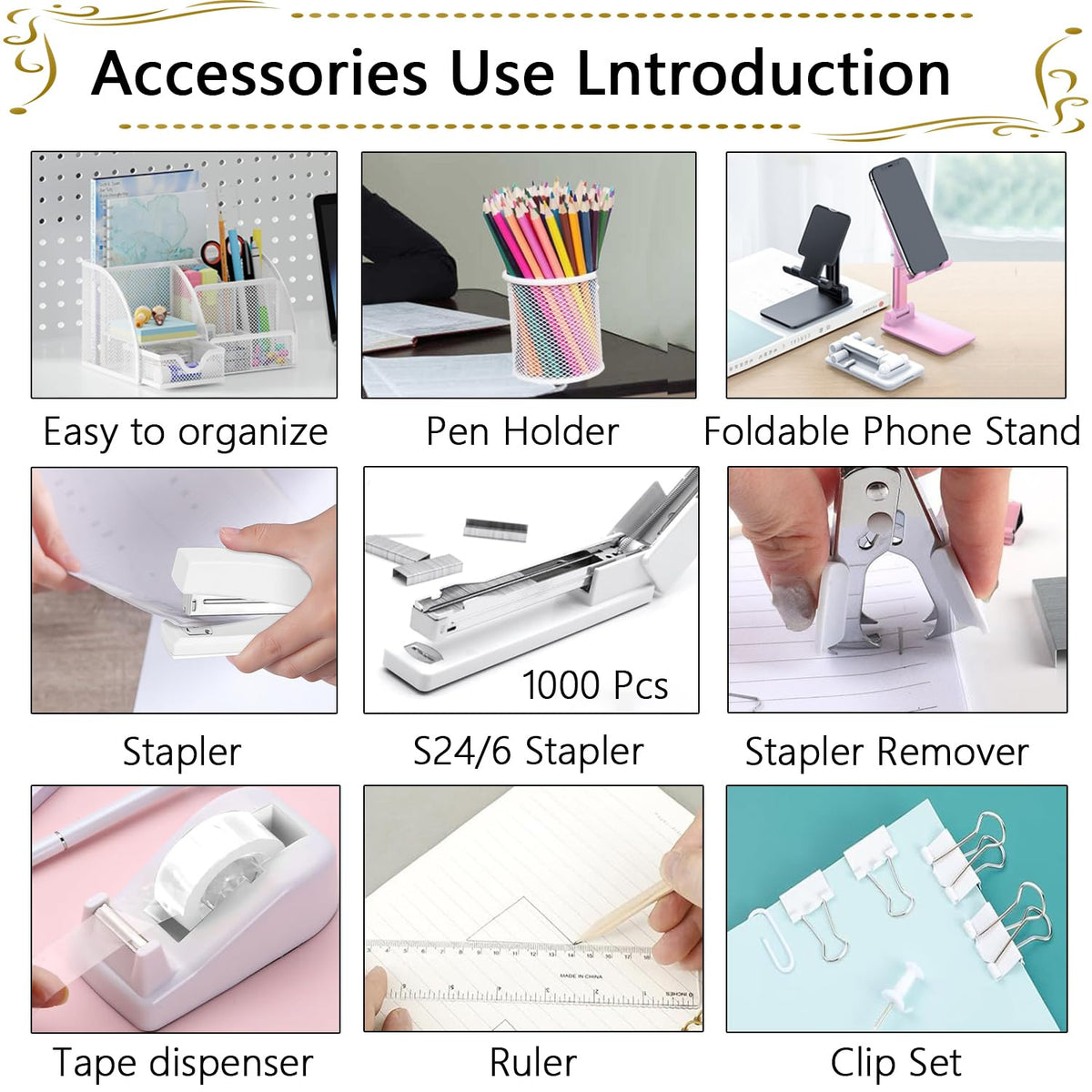 Office Supplies,Desk Accessories,Stapler and Tape Dispenser Set,1000 Staples,Staple Remover,Pen Holder,Folding Phone Holder,Journal Notebook,Ballpoint Pen,Scissor,Ruler,Clear Tape,Sticky Notes,Ect