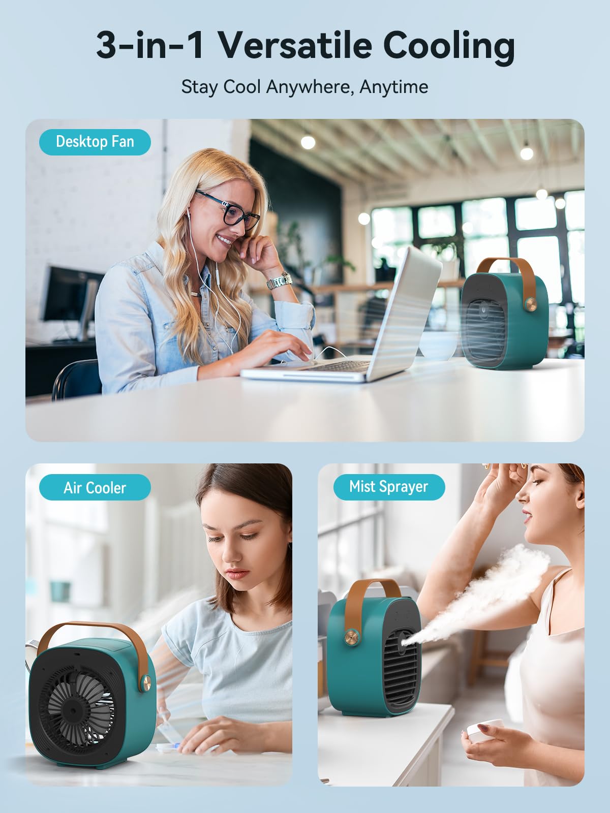 Portable Air Conditioner -5200mAh Rechargeable Personal Air Cooler, Green Mini Air Conditioner with 3 Speeds, Quiet Desk Cooling Fan for Home, Bedroom, Travel, Office, Outdoor, Indoor
