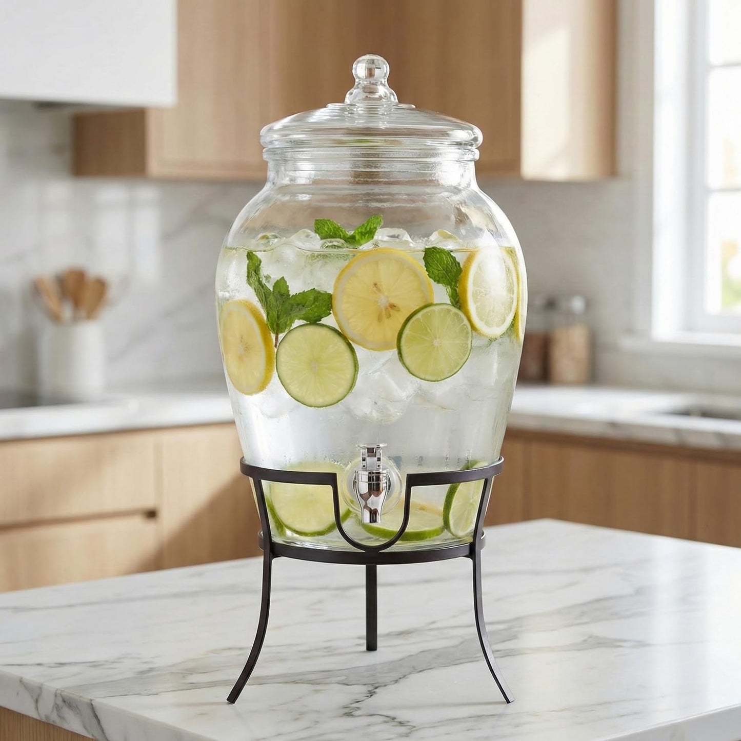 Style Setter Beverage Dispenser Cold Drink Dispenser Glass Jug, Metal Stand & Leak-Proof Acrylic Spigot Great for Parties, Weddings & More (With Metal Rack)