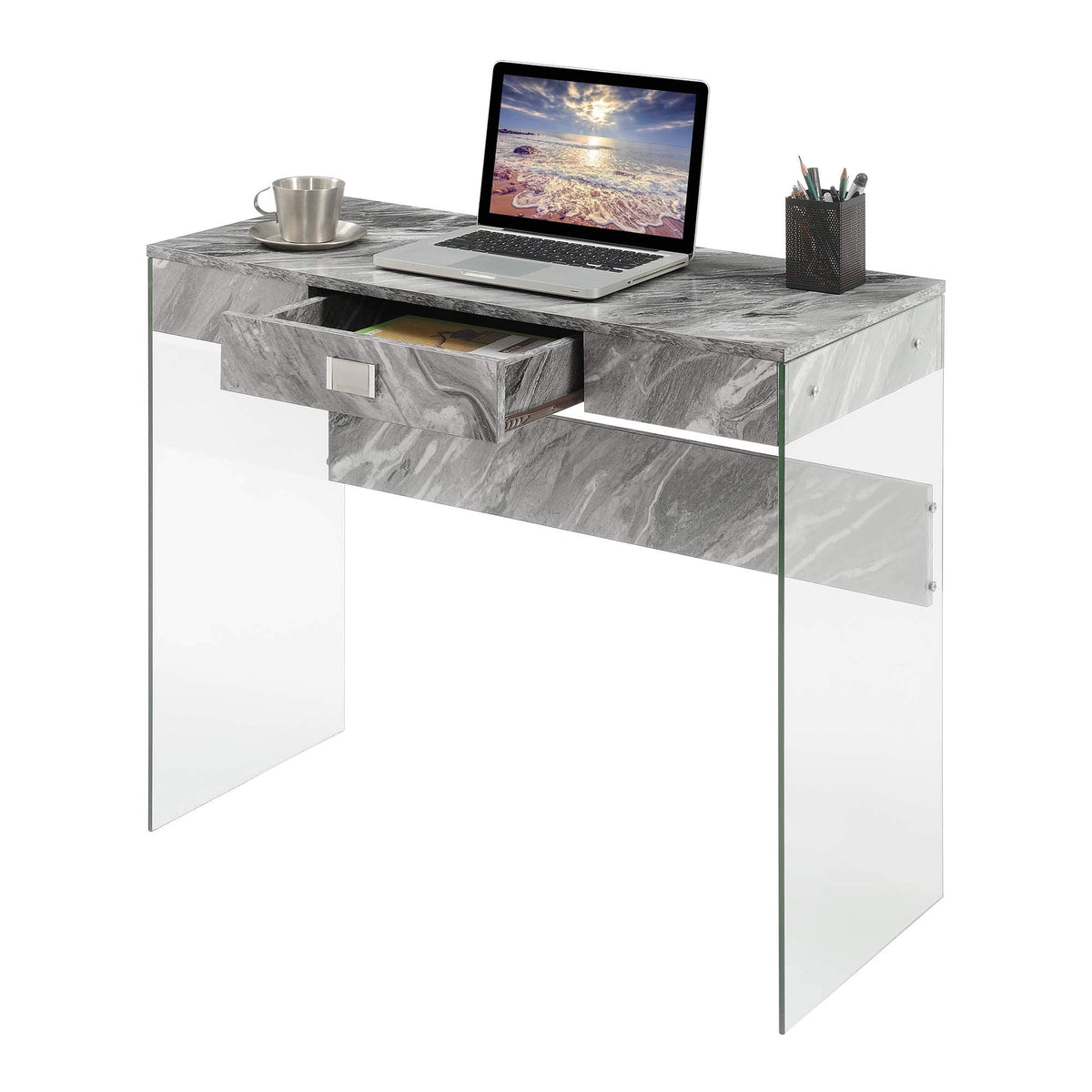 Convenience Concepts SoHo 1 Drawer Glass 36 inch Desk, Gray Faux Marble/Glass