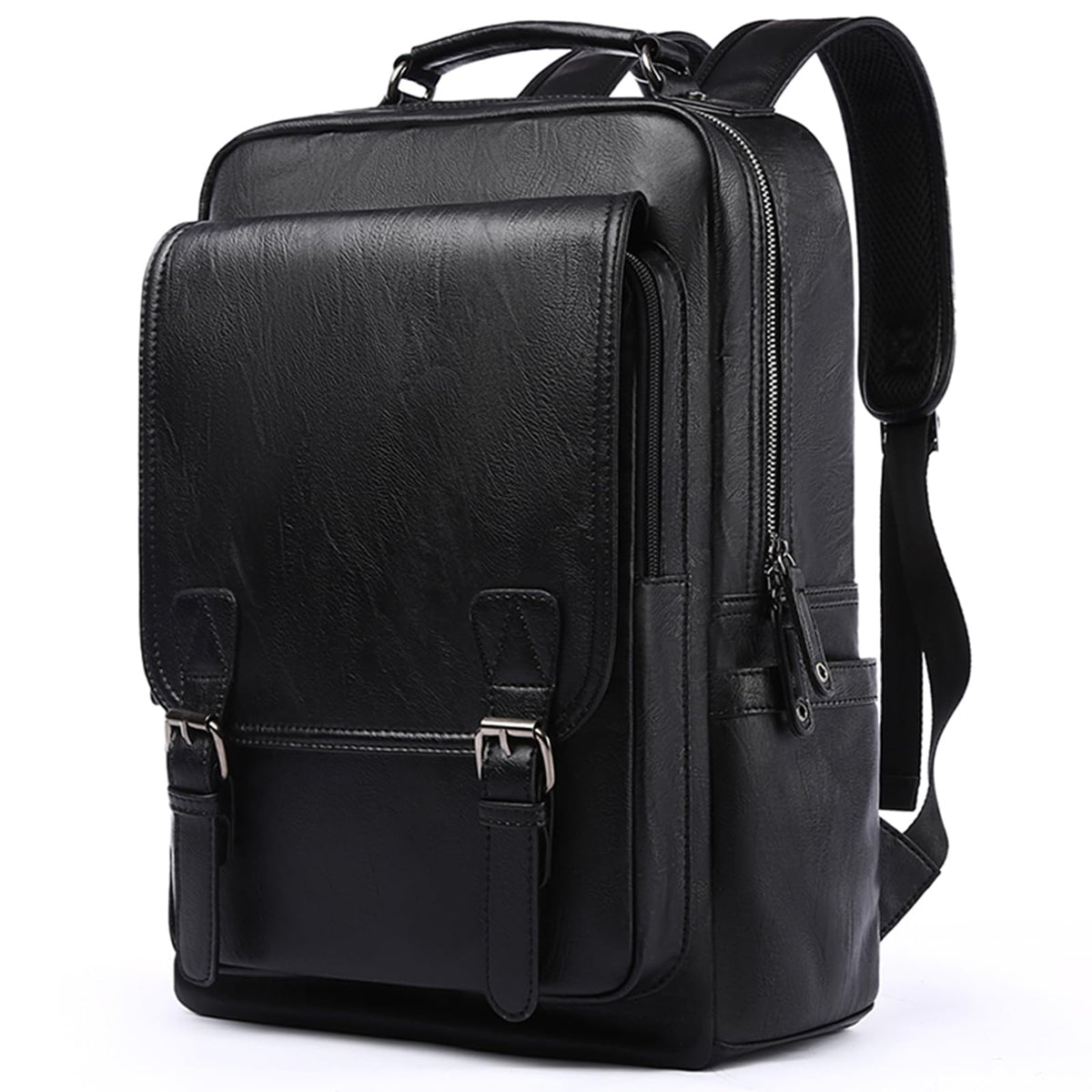 MOYYI Leather Backpack fits 15.6 Inch Laptop Vintage Backpack Waterproof Flap Bookbag for Men Leather Travel Backpack for Men Casual Knapsack Black