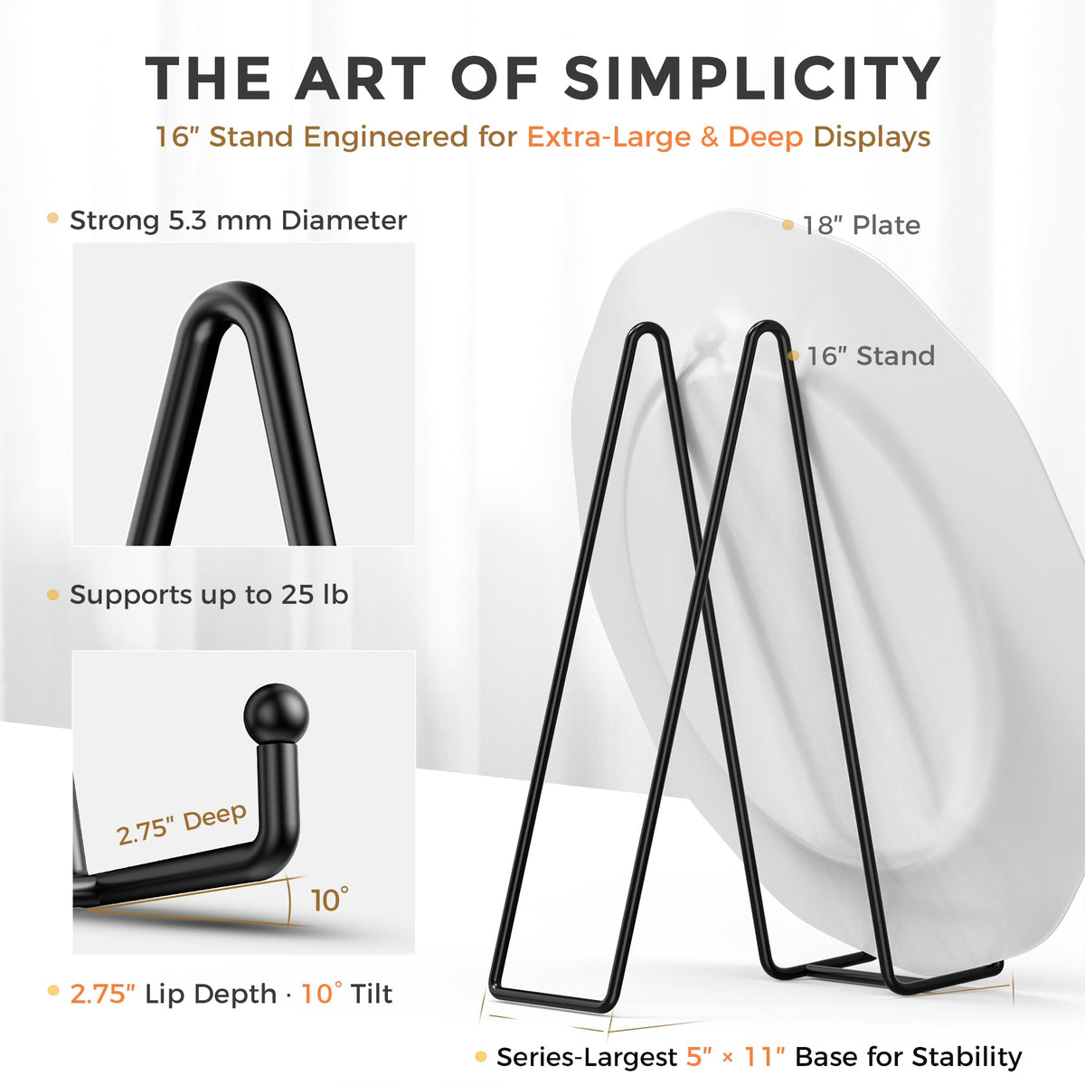 TR-LIFE 16 Inch Heavy Duty Plate Stand (2 Pack) - Metal Display Easel for Large Plates, Picture Frames, Signs, Posters, and Decorative Platters