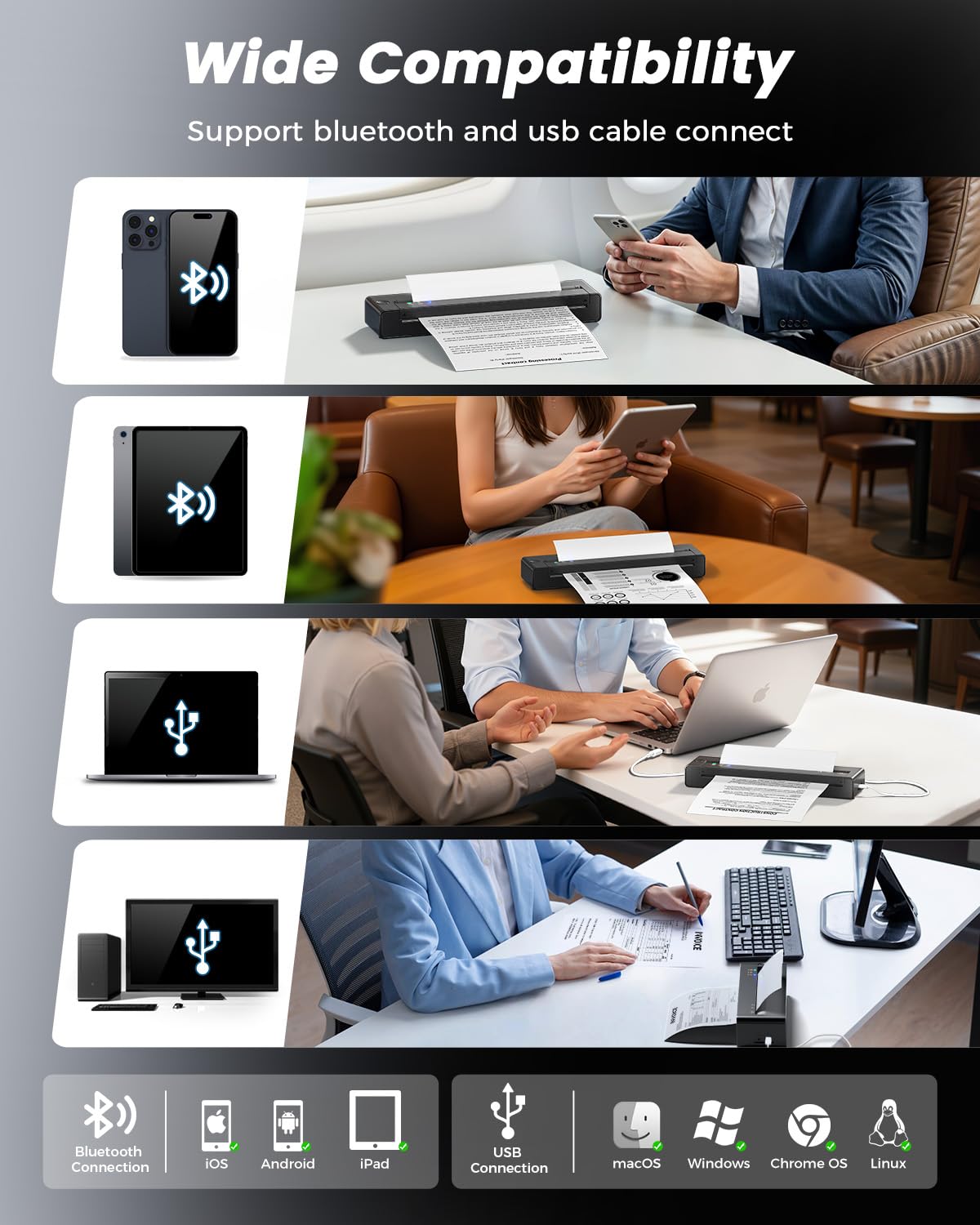 TATTMUSE Inkless Portable Printers Wireless for Travel, Small Thermal Printer Compatible with iPhone Laptop, Bluetooth Mobile Printer for School/Office/Home Use Support 8.5" X 11" Thermal Paper