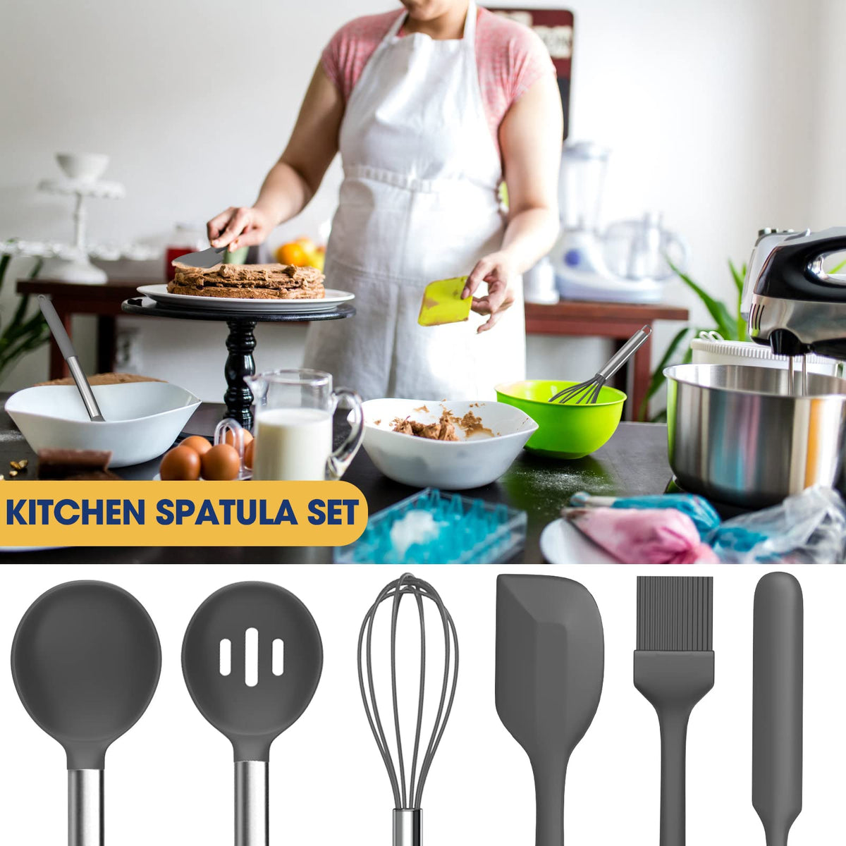 Silicone Cooking Utensil Set, Fungun Non-stick Kitchen Utensil 24 Pcs Cooking Utensils Set, Heat Resistant Cookware, Silicone Kitchen Tools Gift with Stainless Steel Handle (Gray-24pcs)