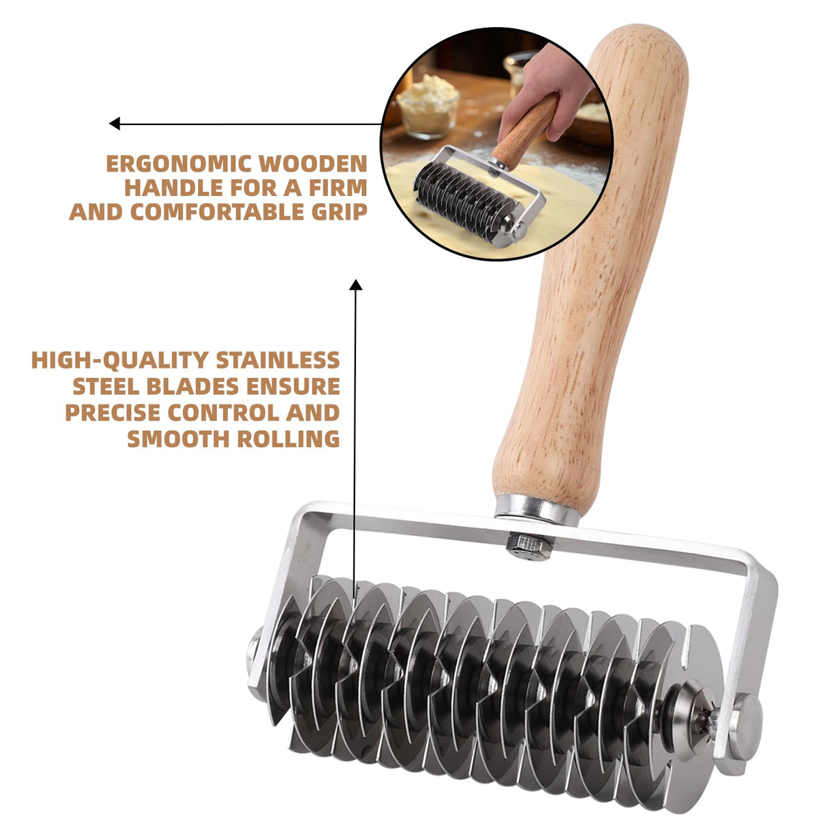 JuyVerq Pastry Lattice Roller Cutter, Stainless Steel Lattice Dough Cutter Wood Handle, Professional Pastry Crust Cutter, Household Time-Saver Cutting Tool Pie Bread Beef Wellington Pizza