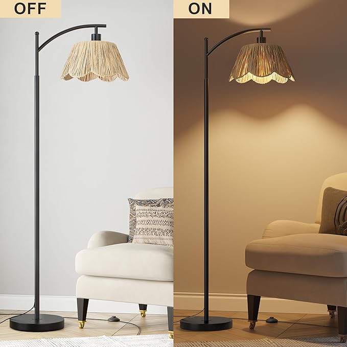 Oneach Boho Rattan Floor Lamp for Living Room, Farmhouse Standing Lamp
