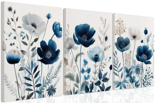 DUWQU 3 Pcs Blue Floral Canvas Wall Art, Elegant Navy Blue Wildflower Lily Daisy Wall Decor, Watercolor Botanical Flower Home Poster Art Prints for Living Room Bedroom Bathroom 16×24 Inches