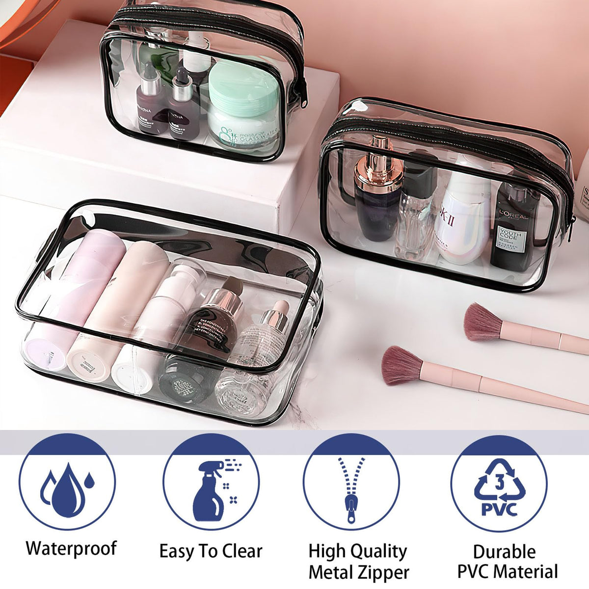 YOQIVEXU 6 Pieces Clear Cosmetics Bag Bulk, TSA Approved Toiletry Bag for Travel, PVC Zippered Clear Pouch Cosmetic Makeup Bag Waterproof Vinyl Plastic Organizer Case for Vacation Bathroom (Large)