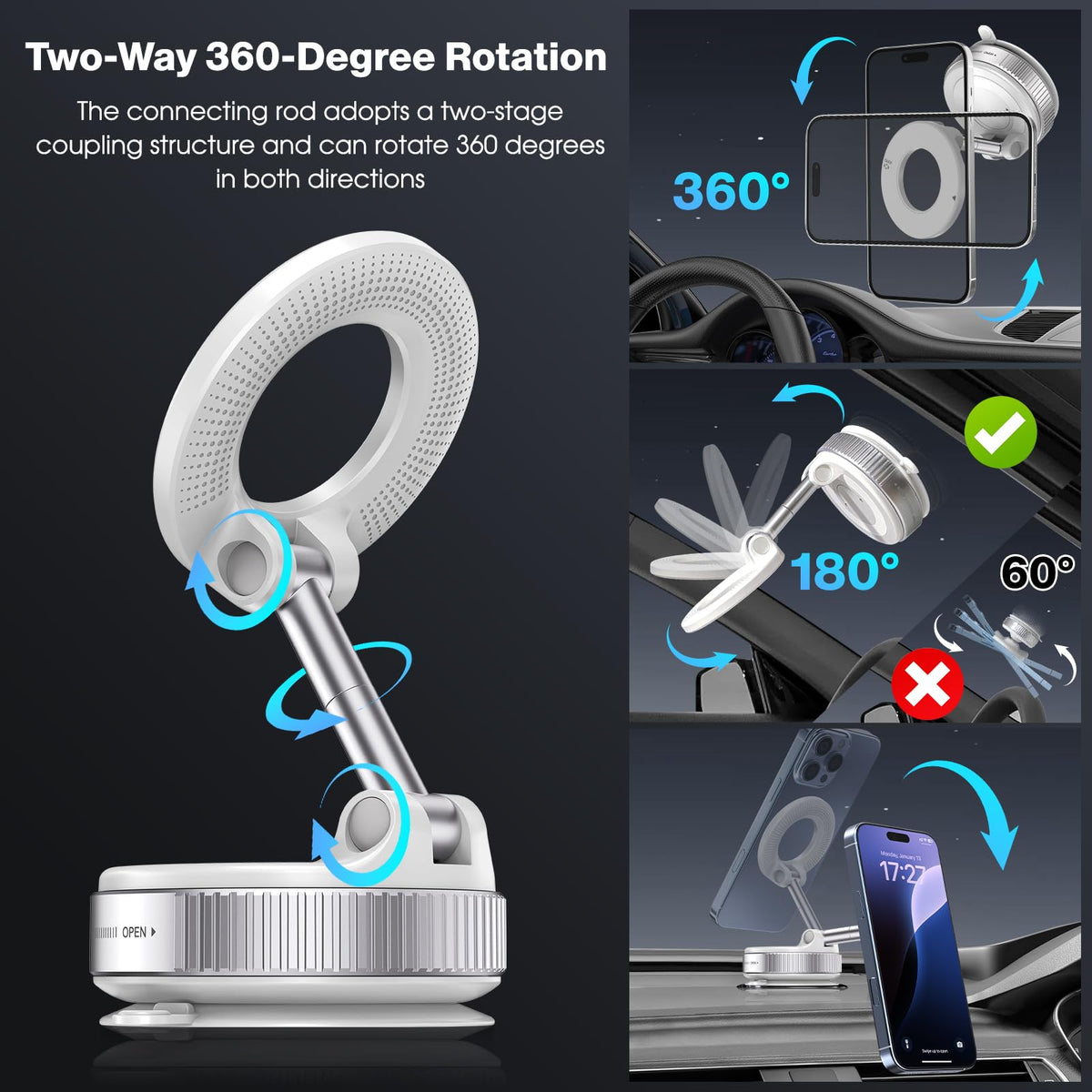 Jikasho Vacuum Magnetic Car Phone Holder for Magsafe, Hands-Free 360° Adjustable Suction Cup Phone Mount for Car/Gym/Mirror/Smooth Surface, Compatible with iPhone & Android (White)
